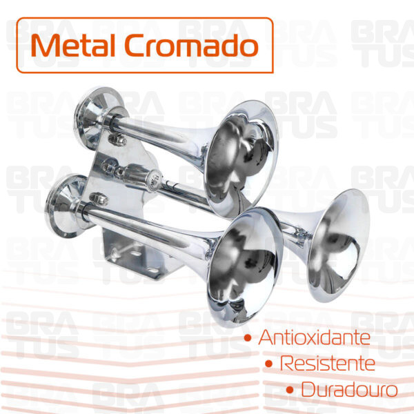 Buzina Cromada Marítima Eletropneumática (3 Cornetas)