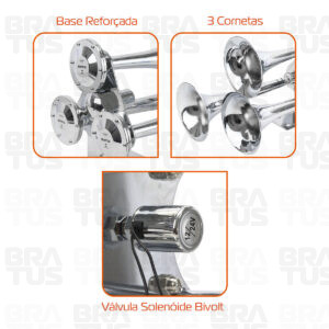 Buzina Cromada Marítima Eletropneumática (3 Cornetas) - Image 5