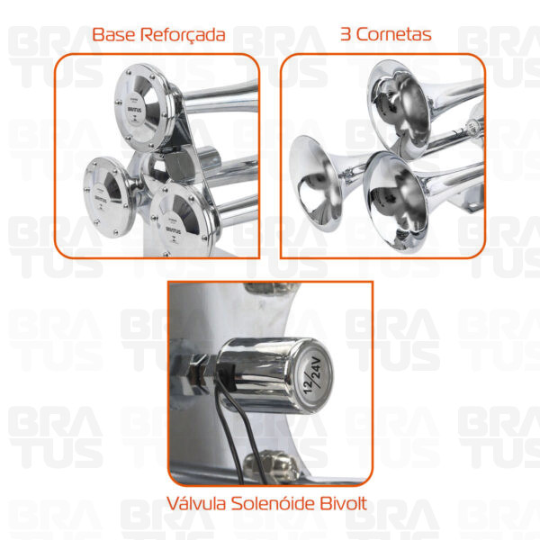 Buzina Cromada Marítima Eletropneumática (3 Cornetas)