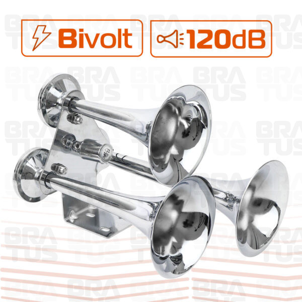 Buzina Cromada Marítima Eletropneumática (3 Cornetas)