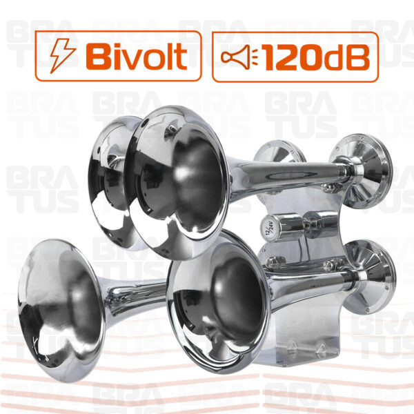 Buzina Cromada Marítima Eletropneumática (4 Cornetas)