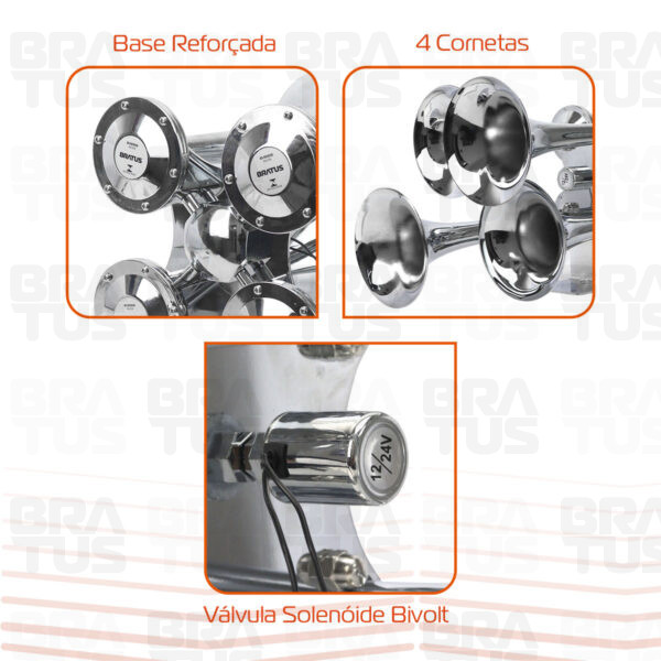 Buzina Cromada Marítima Eletropneumática (4 Cornetas)