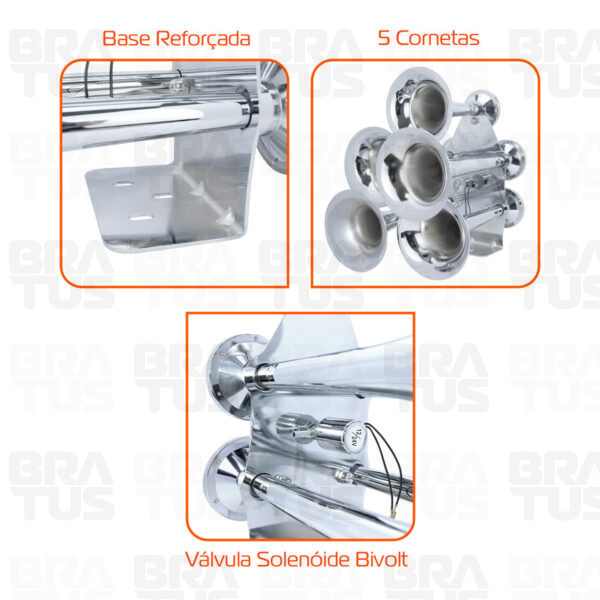 Buzina Cromada Marítima Eletropneumática (5 Cornetas)