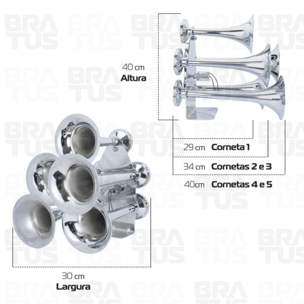 Buzina Cromada Marítima Eletropneumática (5 Cornetas)