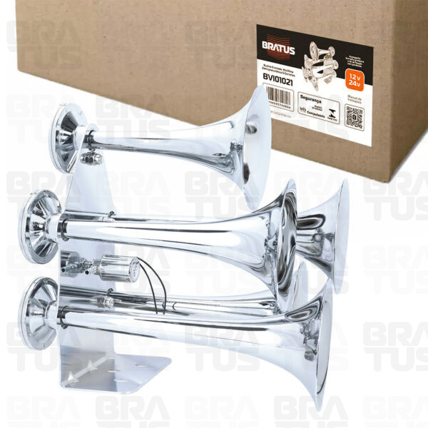 Buzina Cromada Marítima Eletropneumática (5 Cornetas)