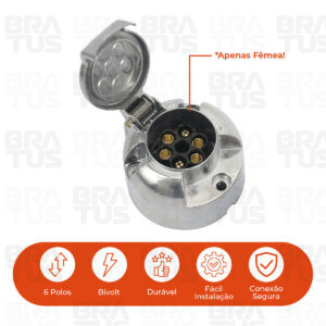 Tomada Engate Alumínio Cromada Completa 6 Polos Carro (Fêmea) - Image 2