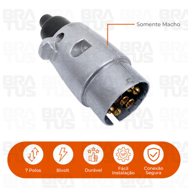 Tomada Engate Alumínio Cromada Completa 7 Polos Carro (Macho)