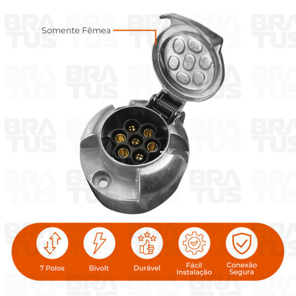 Tomada Engate Alumínio Cromada Completa 7 Polos Carro (Fêmea)